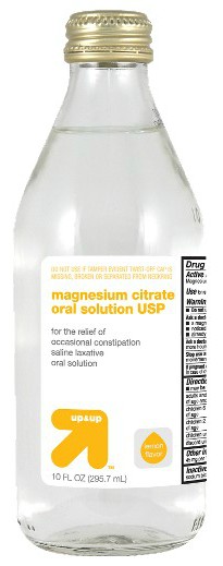 Bottle of clear, lemon-flavored Magnesium Citrate laxative
