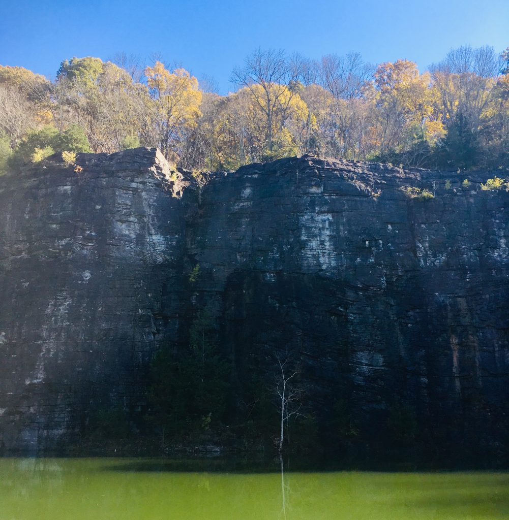 Tall, black cliff jutting out of green quarry water
