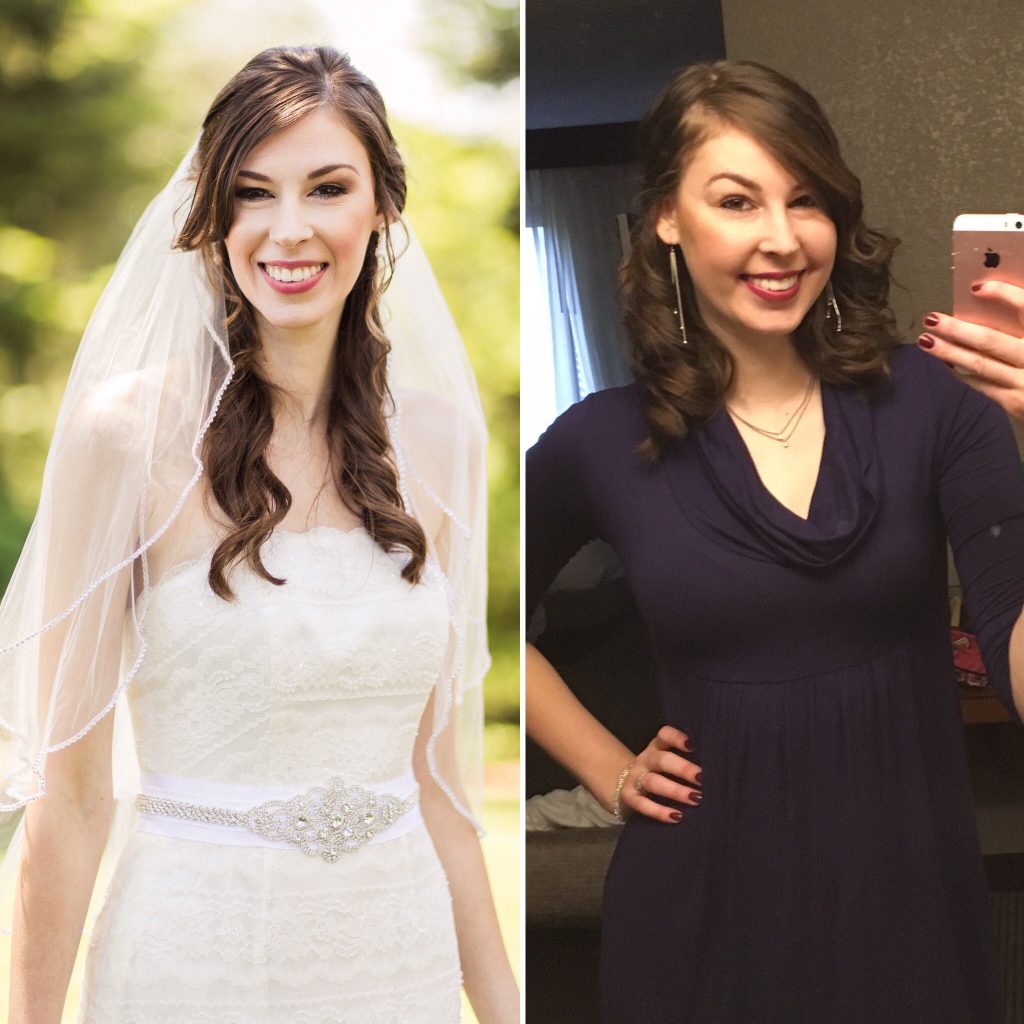 Jenna in wedding gown with normal face next to selfie of Jenna with moonface