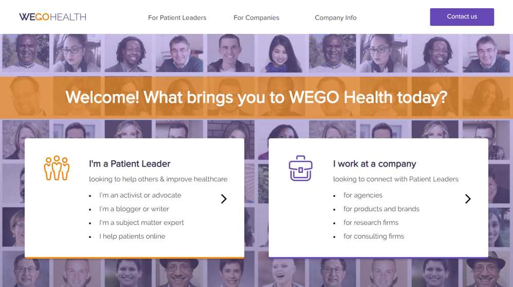 Screenshot of WEGO Health home page