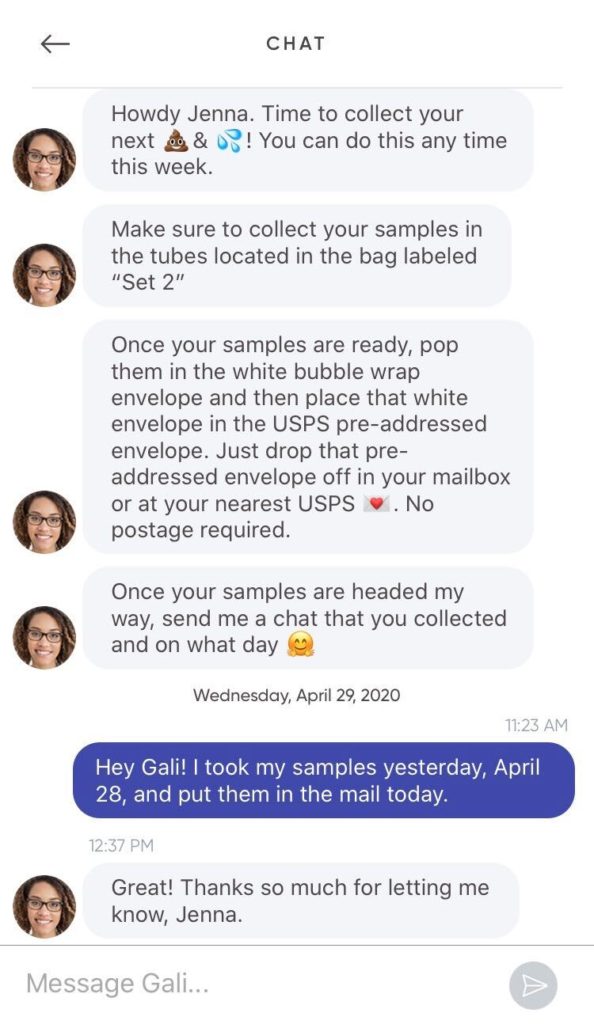 Screenshot of Gali's chat reminder to collect my samples for the Footprints program
